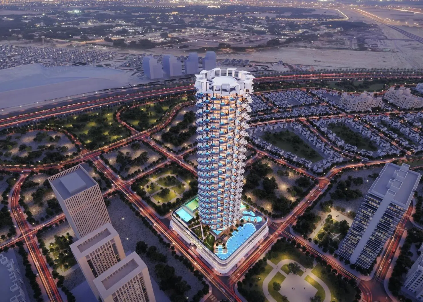 A tall, modern skyscraper with balconies is illuminated at dusk, surrounded by city streets and green spaces—showcasing the vibrant allure of Dubai Real Estate—with a sprawling cityscape and distant lights visible in the background.